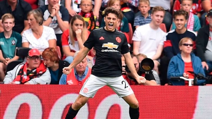Manchester United's Welsh midfielder Daniel James celebrates scoring the opening goal during the English Premier League football match between Southampton and Manchester United at St Mary's Stadium in Southampton, southern England on August 31, 2019. (Photo by Glyn KIRK / AFP) / RESTRICTED TO EDITORIAL USE. No use with unauthorized audio, video, data, fixture lists, club/league logos or 'live' services. Online in-match use limited to 120 images. An additional 40 images may be used in extra time. No video emulation. Social media in-match use limited to 120 images. An additional 40 images may be used in extra time. No use in betting publications, games or single club/league/player publications. / (Photo credit should read GLYN KIRK/AFP/Getty Images)