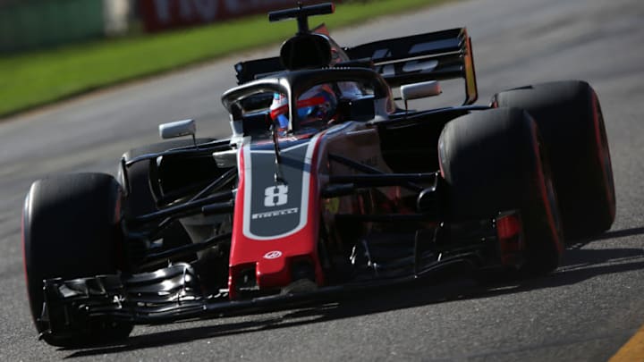MELBOURNE, AUSTRALIA - MARCH 23: Romain Grosjean of France driving the (8) Haas F1 Team VF-18 Ferrari on track during practice for the Australian Formula One Grand Prix at Albert Park on March 23, 2018 in Melbourne, Australia. (Photo by Charles Coates/Getty Images)