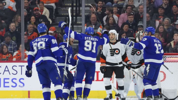 PHILADELPHIA, PA - DECEMBER 01: Steven Stamkos #91 of the Tampa Bay Lightning reacts after recording his 1000th career NHL point with an assist on a goal by Nicholas Paul #20 (not pictured) against the Philadelphia Flyers in the second period at the Wells Fargo Center on December 1, 2022 in Philadelphia, Pennsylvania. (Photo by Mitchell Leff/Getty Images) PHILADELPHIA, PA - DECEMBER 01: Steven Stamkos #91 of the Tampa Bay Lightning reacts after recording his 1000th career NHL point with an assist on a goal by Nicholas Paul #20 (not pictured) against the Philadelphia Flyers in the second period at the Wells Fargo Center on December 1, 2022 in Philadelphia, Pennsylvania. (Photo by Mitchell Leff/Getty Images)