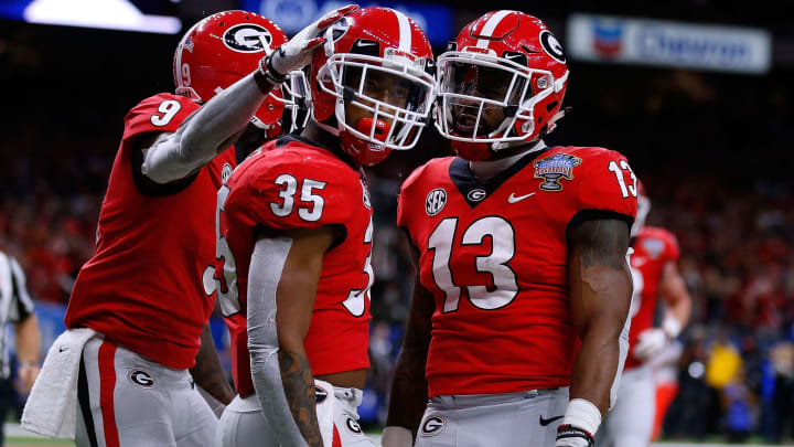 NEW ORLEANS, LOUISIANA – JANUARY 01: Brian Herrien #35 of the Georgia Bulldogs celebrates a touchdown during the first half of the Allstate Sugar Bowl against the Texas Longhorns at the Mercedes-Benz Superdome on January 01, 2019 in New Orleans, Louisiana. (Photo by Jonathan Bachman/Getty Images)