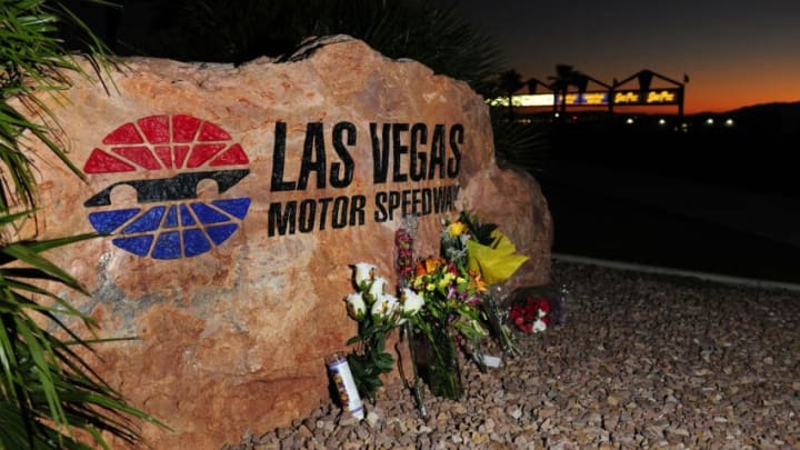 LAS VEGAS, NV - OCTOBER 17: A makeshift memorial for Dan Wheldon, driver of the #77 Bowers & Wilkins/Sam Schmidt Motorsports Dallara Honda, is displayed outside Las Vegas Motor Speedway on October 17, 2011 in Las Vegas, Nevada. Wheldon was killed during the Las Vegas Indy 300 part of the IZOD IndyCar World Championships presented by Honda at Las Vegas Motor Speedway on October 16, 2011. (Photo by Robert Laberge/Getty Images)