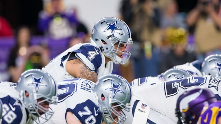 Dec 1, 2016; Minneapolis, MN, USA; Dallas Cowboys quarterback Dak Prescott (4) in the fourth quarter against the Minnesota Vikings at U.S. Bank Stadium. The Dallas Cowboys beat the Minnesota Vikings 17-15. Mandatory Credit: Brad Rempel-USA TODAY Sports