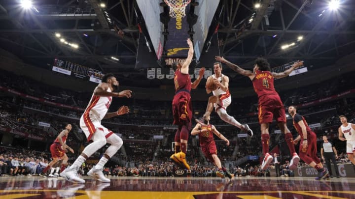 Goran Dragic #7 of the Miami Heat passes the ball against the Cleveland Cavaliers (Photo by David Liam Kyle/NBAE via Getty Images)