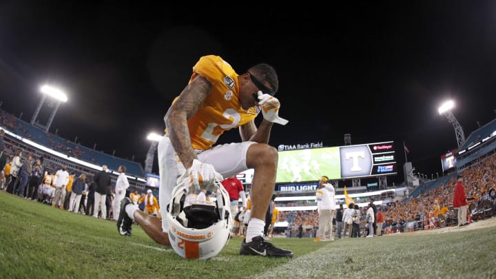 JACKSONVILLE, FL – JANUARY 02: Alontae Taylor #2 of the Tennessee Volunteers celebrates reacts following the TaxSlayer Gator Bowl against the Indiana Hoosiers at TIAA Bank Field on January 2, 2020 in Jacksonville, Florida. Tennessee defeated Indiana 23-22. (Photo by Joe Robbins/Getty Images)