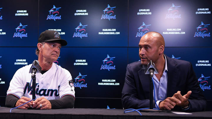 Don Mattingly and Derek Jeter CEO of the Miami Marlins (Photo by Mark Brown/Getty Images)