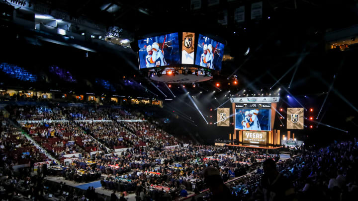 VANCOUVER, BC – JUNE 21: A general view of the draft floor prior to the Vegas Golden Knights pick during the first round of the 2019 NHL Draft at Rogers Arena on June 21, 2019 in Vancouver, British Columbia, Canada. (Photo by Jonathan Kozub/NHLI via Getty Images)