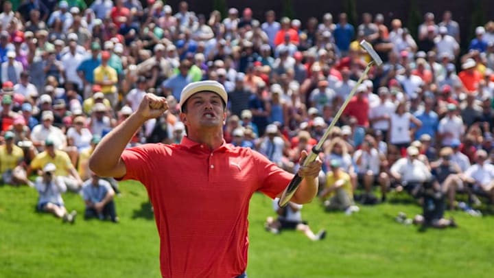 DUBLIN, OH - JUNE 03: Bryson DeChambeau celebrates his playoff victory on the 18th hole green during the final round of the Memorial Tournament presented by Nationwide at Muirfield Village Golf Club on June 3, 2018 in Dublin, Ohio. (Photo by Keyur Khamar/PGA TOUR)