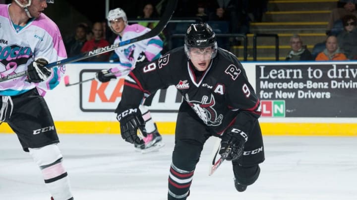 KELOWNA, CANADA - OCTOBER 14: Conner Bleackley #9 of Red Deer Rebels skates against the Kelowna Rockets on October 14, 2015 at Prospera Place in Kelowna, British Columbia, Canada. (Photo by Marissa Baecker/Getty Images)