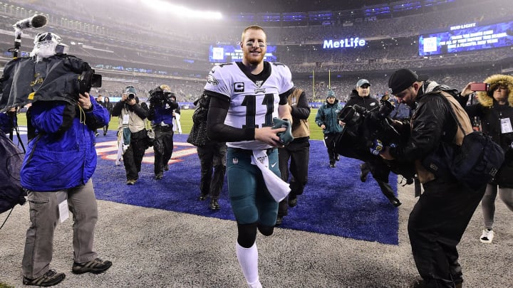 EAST RUTHERFORD, NEW JERSEY – DECEMBER 29: Carson Wentz #11 of the Philadelphia Eagles walks off the field after his teams win over the New York Giants at MetLife Stadium on December 29, 2019, in East Rutherford, New Jersey. (Photo by Steven Ryan/Getty Images)