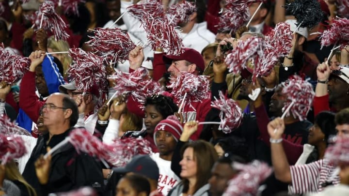 Jan 11, 2016; Glendale, AZ, USA; Alabama Crimson Tide fans cheer before the 2016 CFP National Championship against the Clemson Tigers at University of Phoenix Stadium. Mandatory Credit: Joe Camporeale-USA TODAY Sports