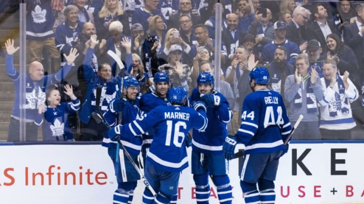 TORONTO, ON - OCTOBER 2:Auston Matthews #34 of the Toronto Maple Leafs celebrates his goal against the Ottawa Senators with teammates John Tavares #91, Andreas Johnsson #18, Mitch Marner #16 and Morgan Rielly #44 during the second period at the Scotiabank Arena on October 2, 2019 in Toronto, Ontario, Canada. (Photo by Kevin Sousa/NHLI via Getty Images)