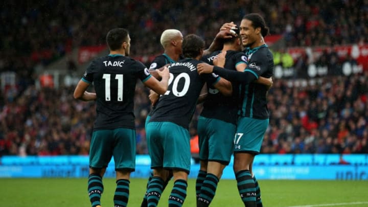STOKE ON TRENT, ENGLAND - SEPTEMBER 30: Maya Yoshida (2nd R) of Southampton celebrates scoring his side's first goal with his team mates during the Premier League match between Stoke City and Southampton at Bet365 Stadium on September 30, 2017 in Stoke on Trent, England. (Photo by Jan Kruger/Getty Images)