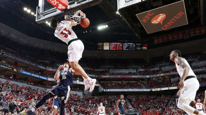 LOUISVILLE, KY - JANUARY 26: Jordan Nwora #33 of the Louisville Cardinals dunks against the Pittsburgh Panthers in the second half of the game at KFC YUM! Center on January 26, 2019 in Louisville, Kentucky. Louisville won 66-51. (Photo by Joe Robbins/Getty Images)