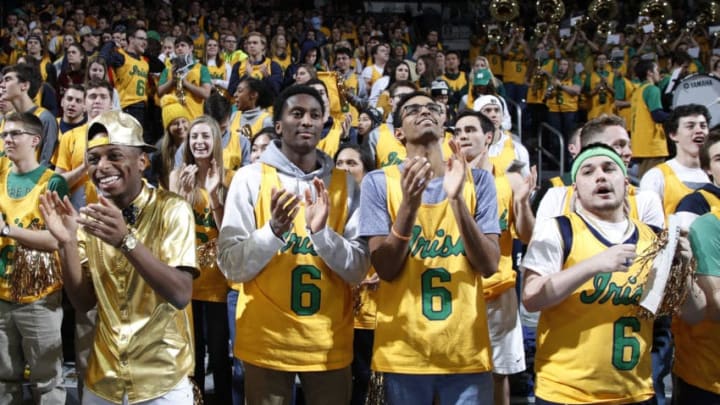 SOUTH BEND, IN - JANUARY 16: Notre Dame Fighting Irish fans get ready before a game against the Louisville Cardinals at Purcell Pavilion on January 16, 2018 in South Bend, Indiana. (Photo by Joe Robbins/Getty Images)