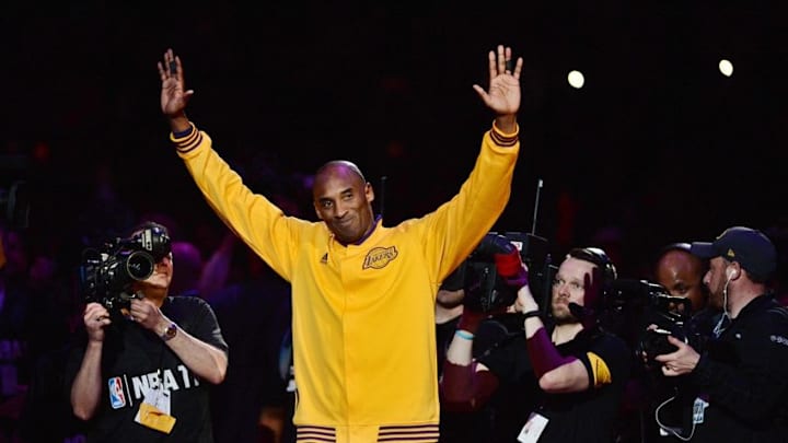 Apr 13, 2016; Los Angeles, CA, USA; Los Angeles Lakers forward Kobe Bryant (24) waves to the crowd as he walks on the court before a game against the Utah Jazz at Staples Center. Bryant concludes his 20-year NBA career tonight. Mandatory Credit: Robert Hanashiro-USA TODAY Sports Apr 13, 2016; Los Angeles, CA, USA; Los Angeles Lakers forward Kobe Bryant (24) waves to the crowd as he walks on the court before a game against the Utah Jazz at Staples Center. Bryant concludes his 20-year NBA career tonight. Mandatory Credit: Robert Hanashiro-USA TODAY Sports