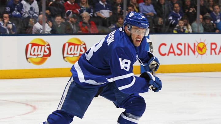 TORONTO, ON - MARCH 17: Andreas Johnsson #18 of the Toronto Maple Leafs skates against the Montreal Canadiens during an NHL game at the Air Canada Centre on March 17, 2018 in Toronto, Ontario, Canada. The Maple Leafs defeated the Canadiens 4-0. (Photo by Claus Andersen/Getty Images)