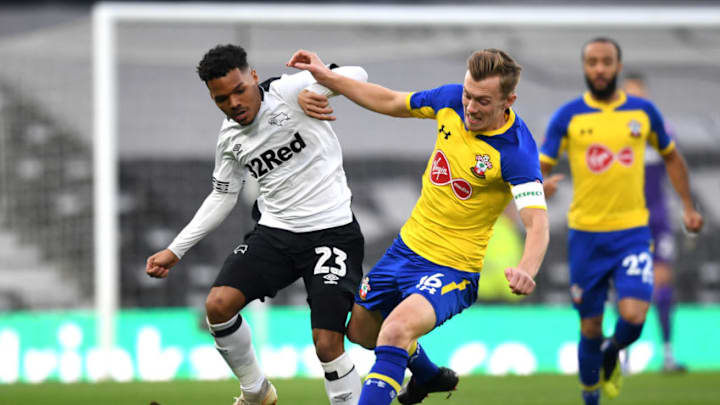 DERBY, ENGLAND - JANUARY 05: Duane Holmes of Derby County battles for possession with James Ward-Prowse of Southampton during the FA Cup Third Round match between Derby County and Southampton at Pride Park on January 5, 2019 in Derby, United Kingdom. (Photo by Michael Regan/Getty Images)