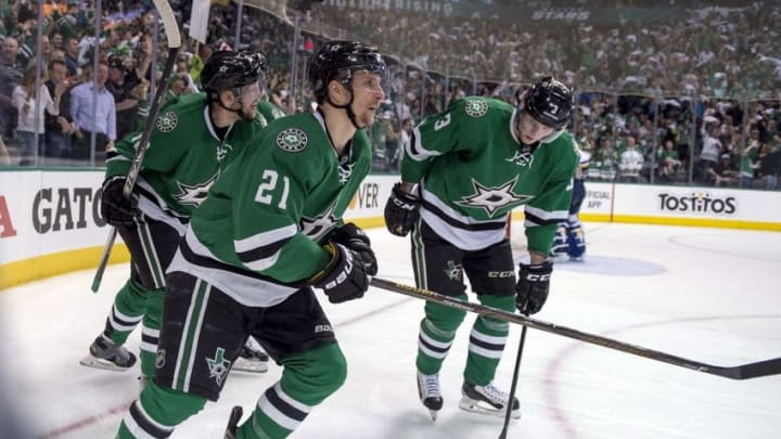 Apr 29, 2016; Dallas, TX, USA; Dallas Stars left wing Antoine Roussel (21) skates off the ice after scoring a goal against the St. Louis Blues during the second period in game one of the second round of the 2016 Stanley Cup Playoffs at the American Airlines Center. Mandatory Credit: Jerome Miron-USA TODAY Sports