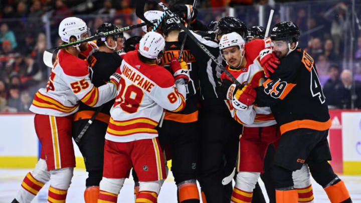 Nov 21, 2022; Philadelphia, Pennsylvania, USA; A scrum breaks out between the Calgary Flames and Philadelphia Flyers in the third period at Wells Fargo Center. Mandatory Credit: Kyle Ross-USA TODAY Sports