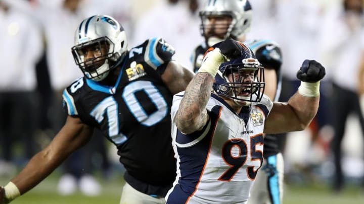 Feb 7, 2016; Santa Clara, CA, USA; Denver Broncos defensive end Derek Wolfe (95) reacts after a play during the third quarter against the Carolina Panthers in Super Bowl 50 at Levi