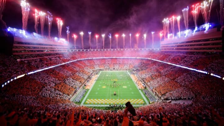 Fireworks are set off before an SEC football game between Tennessee and Ole Miss in a checkered Neyland Stadium in Knoxville, Tenn. on Saturday, Oct. 16, 2021.Kns Tennessee Ole Miss Football