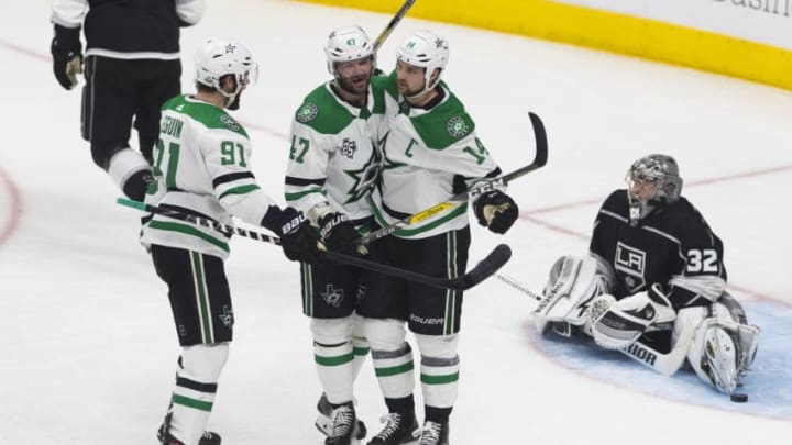 LOS ANGELES, CA – APRIL 07: Dallas Stars left wing Jamie Benn (14) celebrates his first period goal with Dallas Stars right wing Alexander Radulov (47) and Dallas Stars center Tyler Seguin (91)during an NHL regular season game against the Los Angeles Kings on April 7, 2018 at Staples Center in Los Angeles, CA. (Photo by Ric Tapia/Icon Sportswire via Getty Images)