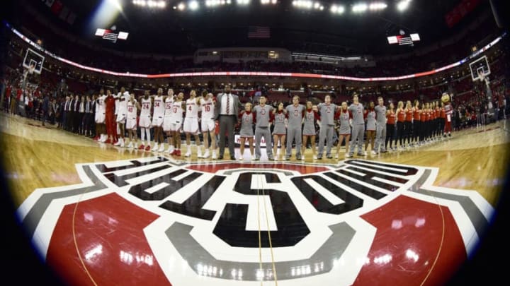 COLUMBUS, OHIO - FEBRUARY 15: The Ohio State Buckeyes sing their alma mater after their 68-52 win over the Purdue Boilermakers at Value City Arena on February 15, 2020 in Columbus, Ohio. (Photo by Emilee Chinn/Getty Images)