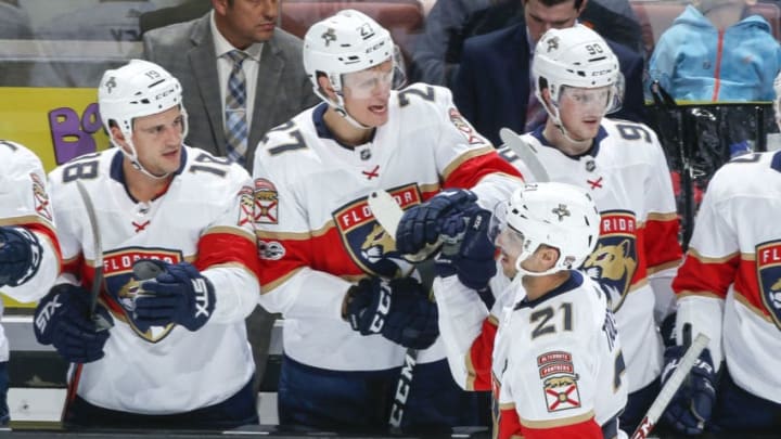 ANAHEIM, CA - NOVEMBER 19: Vincent Trocheck #21 of the Florida Panthers celebrates his second-period goal with the Panthers bench: Micheal Haley #18, Nick Bjugstad #27 and Jared McCann #90 during the game against the Anaheim Ducks at Honda Center on November 19, 2017 in Anaheim, California. (Photo by Debora Robinson/NHLI via Getty Images)