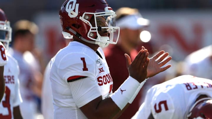LOS ANGELES, CALIFORNIA - SEPTEMBER 14: Jalen Hurts #1 of the Oklahoma Sooners warms up prior to a game against the UCLA Bruins at the Rose Bowl on September 14, 2019 in Los Angeles, California. (Photo by Sean M. Haffey/Getty Images)