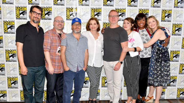 SAN DIEGO, CA - JULY 21: (L-R) Actor Lucky Yates, executive producer Casey Willis, actors H. Jon Benjamin, Jessica Walter, executive producer Matt Thompson, actresses Amber Nash, Aisha Tyler and Judy Greer at FX's "Archer" Press Line during Comic-Con International 2017 at Hilton Bayfront on July 21, 2017 in San Diego, California. (Photo by Dia Dipasupil/Getty Images)