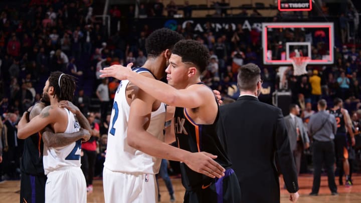 Devin Booker, Karl-Anthony Towns Phoenix Suns (Photo by Michael Gonzales/NBAE via Getty Images)