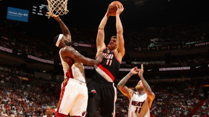 Meyers Leonard #11 of the Portland Trail Blazers dunks against the Miami Heat (Photo by Issac Baldizon/NBAE via Getty Images)