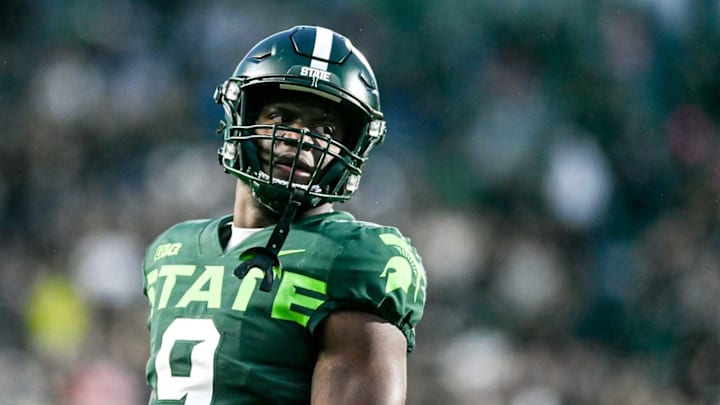 Michigan State’s Kenneth Walker III looks on during the second quarter in the game against Maryland on Saturday, Nov. 13, 2021, at Spartan Stadium in East Lansing.211113 Msu Maryland 213a