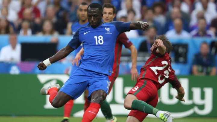 Moussa Sissoko of France, Adrien Silva of Portugal during the UEFA EURO 2016 final match between Portugal and France on July 10, 2016 at the Stade de France in Paris, France.(Photo by VI Images via Getty Images)