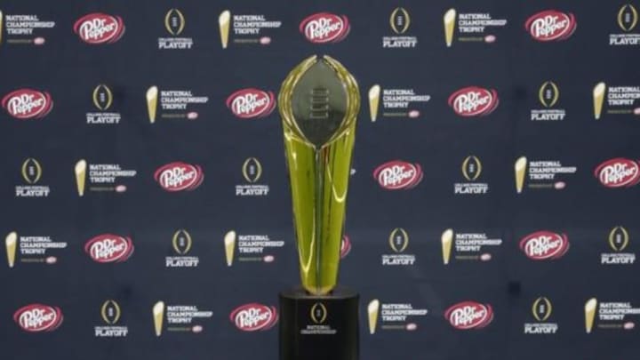 Jan 10, 2015; Arlington, TX, USA; College Playoff Trophy on display during Media day at Dallas Convention Center. Mandatory Credit: Matthew Emmons-USA TODAY Sports
