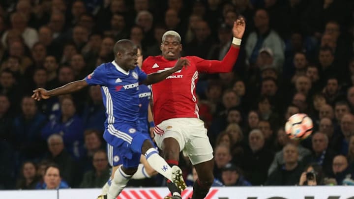 LONDON, ENGLAND - MARCH 13: Paul Pogba of Manchester United in action with Ngolo Kante of Chelsea during the Emirates FA Cup Quarter-Final match between Chelsea and Manchester United at Stamford Bridge on March 13, 2017 in London, England. (Photo by Matthew Peters/Man Utd via Getty Images)