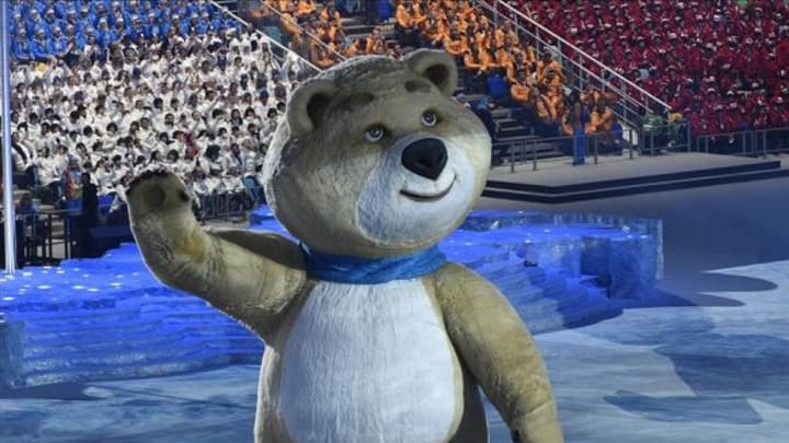 Feb 7, 2014; Sochi, RUSSIA; Olympic mascot Bely Mishka during the opening ceremony for the Sochi 2014 Olympic Winter Games at Fisht Olympic Stadium. Mandatory Credit: Robert Hanashiro-USA TODAY Sports