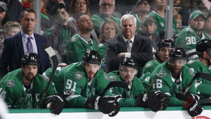 DALLAS, TX - DECEMBER 9: Ken Hitchcock, head coach of the Dallas Stars watches the action from the bench against the Vegas Golden Knights at the American Airlines Center on December 9, 2017 in Dallas, Texas. (Photo by Glenn James/NHLI via Getty Images)