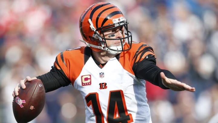 Oct 16, 2016; Foxborough, MA, USA; Cincinnati Bengals quarterback Andy Dalton (14) prepares to make a pass during the third quarter against the New England Patriots at Gillette Stadium. Mandatory Credit: Greg M. Cooper-USA TODAY Sports