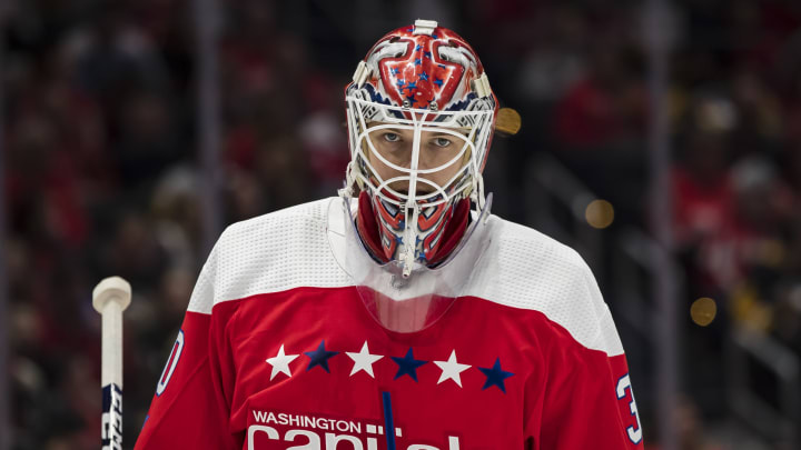 WASHINGTON, DC – FEBRUARY 02: Ilya Samsonov #30 of the Washington Capitals looks on during the third period of the game against the Pittsburgh Penguins at Capital One Arena on February 2, 2020 in Washington, DC. (Photo by Scott Taetsch/Getty Images)