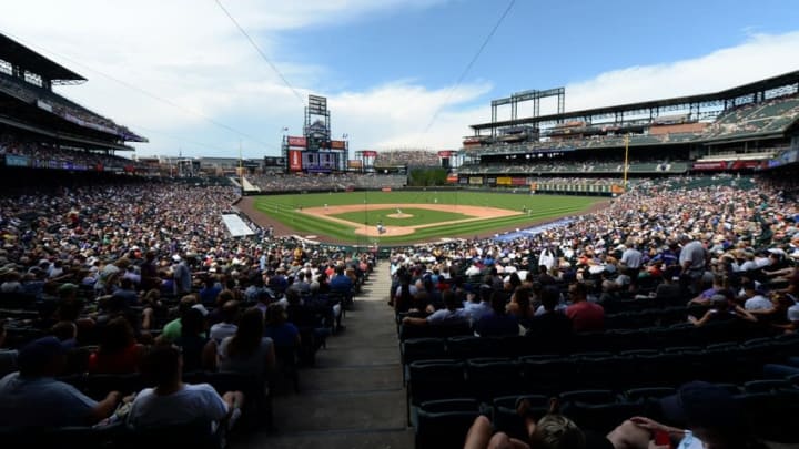 Aug 16, 2015; Denver, CO, USA; General wide view of Coors Field during the second inning of the game between the San Diego Padres against the Colorado Rockies. Mandatory Credit: Ron Chenoy-USA TODAY Sports