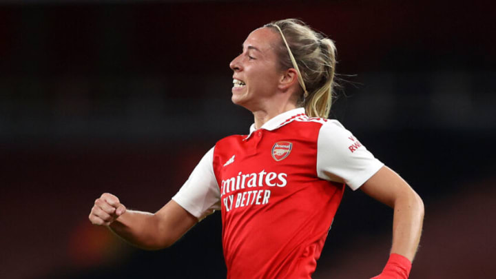 LONDON, ENGLAND - OCTOBER 27: Jordan Nobbs of Arsenal celebrates after scoring their side's first goal during the UEFA Women's Champions League group C match between Arsenal and FC Zürich at Emirates Stadium on October 27, 2022 in London, England. (Photo by Julian Finney/Getty Images)