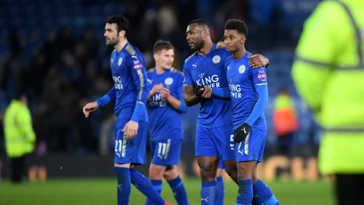 LEICESTER, ENGLAND - FEBRUARY 16: Demarai Gray, Wes Morgan, Vicente Iborra and Marc Albirghton at the final whistle during The Emirates FA Cup Fifth Round match between Leicester City and Sheffield United at The King Power Stadium on February 16, 2018 in Leicester, England. (Photo by Michael Regan/Getty Images)