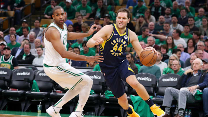 BOSTON, MASSACHUSETTS - APRIL 17: Bojan Bogdanovic #44 of the Indiana Pacers drives against Al Horford #42 of the Boston Celtics during the third quarter of Game Two of Round One of the 2019 NBA Playoffs at TD Garden on April 17, 2019 in Boston, Massachusetts. NOTE TO USER: User expressly acknowledges and agrees that, by downloading and or using this photograph, User is consenting to the terms and conditions of the Getty Images License Agreement. (Photo by Maddie Meyer/Getty Images)