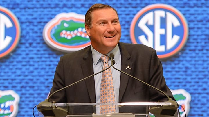 ATLANTA, GA JULY 17: University of Florida head football coach Dan Mullen answers questions during the 2018 SEC Football Media Days on July 17th, 2018 at the College Football Hall of Fame located in Atlanta, GA. (Photo by Rich von Biberstein/Icon Sportswire via Getty Images)