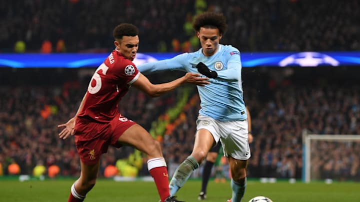 MANCHESTER, ENGLAND - APRIL 10: Trent Alexander-Arnold of Liverpool battles for posession with Leroy Sane of Manchester City during the UEFA Champions League Quarter Final Second Leg match between Manchester City and Liverpool at Etihad Stadium on April 10, 2018 in Manchester, England. (Photo by Shaun Botterill/Getty Images,)