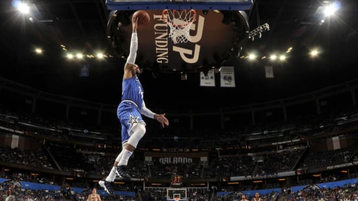 ORLANDO, FL - MARCH 14: D.J. Augustin #14 of the Orlando Magic takes open dunk against the Cleveland Cavaliers on March 14, 2019 at Amway Center in Orlando, Florida. NOTE TO USER: User expressly acknowledges and agrees that, by downloading and or using this photograph, User is consenting to the terms and conditions of the Getty Images License Agreement. Mandatory Copyright Notice: Copyright 2019 NBAE (Photo by Fernando Medina/NBAE via Getty Images)