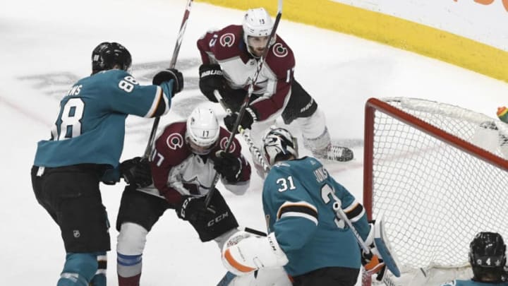 SAN JOSE, CA - MAY 04: Colorado Avalanche center Tyson Jost (17) gets the puck past San Jose Sharks goaltender Martin Jones (31) for a goal in the second period at the SAP Center during the game five of the Stanley Cup Western Conference semifinals May 04, 2019. (Photo by Andy Cross/MediaNews Group/The Denver Post via Getty Images)