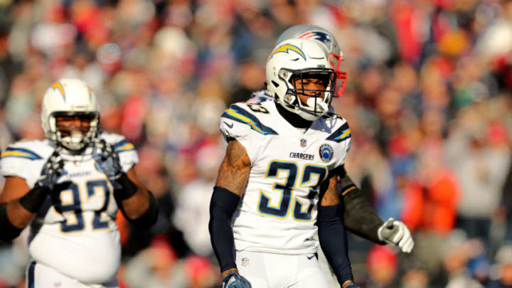 FOXBOROUGH, MASSACHUSETTS - JANUARY 13: Derwin James #33 of the Los Angeles Chargers reacts during the first quarter in the AFC Divisional Playoff Game against the New England Patriots at Gillette Stadium on January 13, 2019 in Foxborough, Massachusetts. (Photo by Elsa/Getty Images)