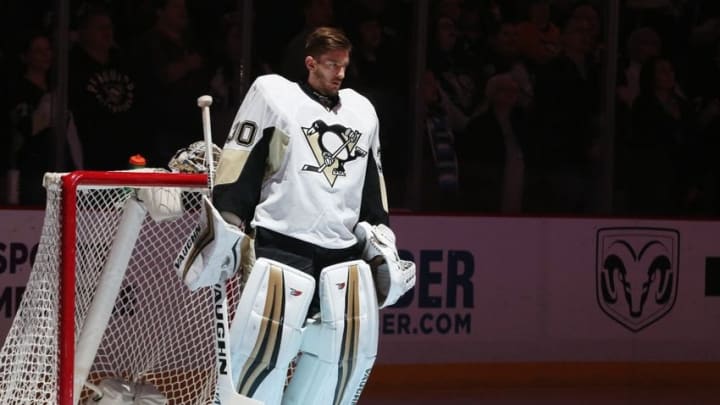 Apr 3, 2016; Pittsburgh, PA, USA; Pittsburgh Penguins goalie Matt Murray (30) stands for the national anthem before playing the Philadelphia Flyers at the CONSOL Energy Center. Mandatory Credit: Charles LeClaire-USA TODAY Sports